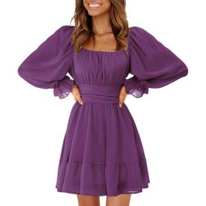 imageEXLURA Womens 2026 Casual Long Lantern Sleeve Dresses Square Neck Ruffle Tie Back Elastic Waist Aline Short Mini DressDark Purple