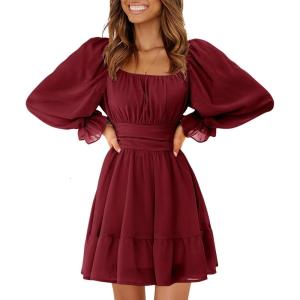 imageEXLURA Womens 2026 Casual Long Lantern Sleeve Dresses Square Neck Ruffle Tie Back Elastic Waist Aline Short Mini DressWine Red