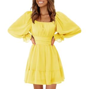 imageEXLURA Womens 2026 Casual Long Lantern Sleeve Dresses Square Neck Ruffle Tie Back Elastic Waist Aline Short Mini DressYellow