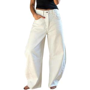 imageEXLURA Womens Barrel Jeans Wide Leg Y2K Boyfriend Denim Pants Hip Hop Vintage Baggy Jeans Cotton MidLow Elastic Waist PantsWhite