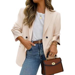 imageEXLURA Womens Business Casual Blazers Lightweight Long Sleeve Knit Lapel Loose Fit Work Office Suit Jackets with Pocket 2025Apricot