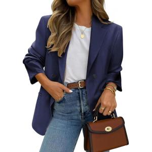 imageEXLURA Womens Business Casual Blazers Lightweight Long Sleeve Knit Lapel Loose Fit Work Office Suit Jackets with Pocket 2025Dark Blue