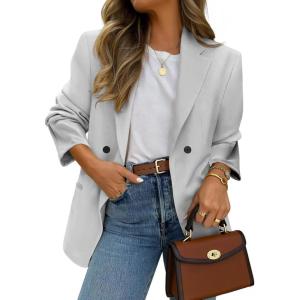 imageEXLURA Womens Business Casual Blazers Lightweight Long Sleeve Knit Lapel Loose Fit Work Office Suit Jackets with Pocket 2025Light Grey