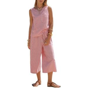 image:imageEXLURA Womens Summer Cotton 2 Piece Outfits Striped Sleeveless Top and Capri Wide Leg Pants Sets Pockets Beach Vacation 2026Red