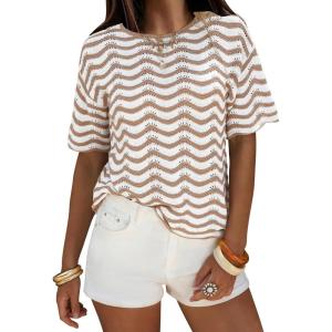 image:imageEXLURA Womens Summer Coverup Boho Tops Short Sleeve Crochet Knit Sweater Casual Striped Beach Vacation Cruise Outfits 2026Apricot White