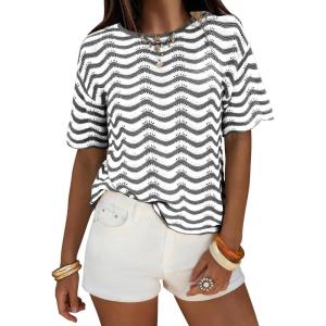 image:imageEXLURA Womens Summer Coverup Boho Tops Short Sleeve Crochet Knit Sweater Casual Striped Beach Vacation Cruise Outfits 2026Black White
