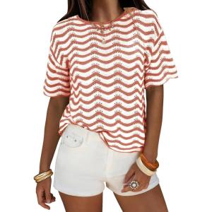 image:imageEXLURA Womens Summer Coverup Boho Tops Short Sleeve Crochet Knit Sweater Casual Striped Beach Vacation Cruise Outfits 2026Caramel White