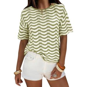 image:imageEXLURA Womens Summer Coverup Boho Tops Short Sleeve Crochet Knit Sweater Casual Striped Beach Vacation Cruise Outfits 2026Green White
