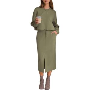 image:imageEXLURA Womens 2 Piece Skirts Set Long Sleeve Drawstring Top Midi Skirt Dress Lounge Sets Airport Travel Cruise Outfits 2026Army Green
