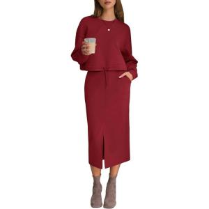 image:imageEXLURA Womens 2 Piece Skirts Set Long Sleeve Drawstring Top Midi Skirt Dress Lounge Sets Airport Travel Cruise Outfits 2026Wine Red