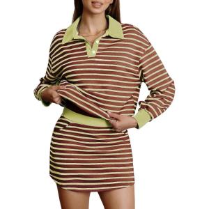 image:imageEXLURA Womens Two Piece Sets Cotton Striped Sweatshirt Matching Skirt Skort Tennis Vacation Cruise Outfits Travel Set 2026Green Brown