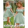 image:imageEXLURA Womens 2026 Summer Short Puff Sleeve Casual Short Mini Dresses Tie Back Square Neck ALine SundressGrey Green
