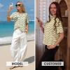 image:imageEXLURA Womens Crochet Tops Short Sleeve Knit Beach Sweater Hollow Out Swimsuit Cover Ups Striped Boho Cruise Vacation ShirtsGreen White