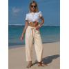 image:imageEXLURA Womens Faux Linen Striped Barrel Pants Comfy Drawstring Capri Pant with Pockets Summer Beach Vacation Lounge TrousersBeige