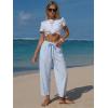 image:imageEXLURA Womens Faux Linen Striped Barrel Pants Comfy Drawstring Capri Pant with Pockets Summer Beach Vacation Lounge TrousersSky Blue