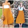 image:imageEXLURA Womens High Waist Polka Dot Pleated Maxi Long Skirt Floral Midi Swing Skirt Boho Beach Vacation Outfits with PocketsMustard Yellow