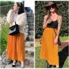 image:imageEXLURA Womens High Waist Polka Dot Pleated Maxi Long Skirt Floral Midi Swing Skirt Boho Beach Vacation Outfits with PocketsMustard Yellow