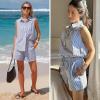 image:imageEXLURA Womens Summer 2 Piece Outfits Cotton Sleeveless Button Down Shirts Matching Shorts Sets Cruise Beach Vacation ResortBlue