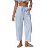 image:imageEXLURA Womens Faux Linen Striped Barrel Pants Comfy Drawstring Capri Pant with Pockets Summer Beach Vacation Lounge TrousersSky Blue