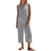 image:imageEXLURA Womens Summer 100 Cotton 2 Piece Outfits Striped Sleeveless Top Capri Wide Leg Pants Sets Faux Linen Beach VacationBlack White Plaid