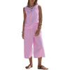 image:imageEXLURA Womens Summer 100 Cotton 2 Piece Outfits Striped Sleeveless Top Capri Wide Leg Pants Sets Faux Linen Beach VacationPink