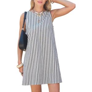 image:imageEXLURA Women Summer 100 Cotton Faux Linen Dresses Sleeveless Striped ALine Mini Sundress Beach Vacation Dress with PocketsBlack Stripe