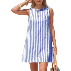 image:imageEXLURA Women Summer 100 Cotton Faux Linen Dresses Sleeveless Striped ALine Mini Sundress Beach Vacation Dress with PocketsBlue Stripe