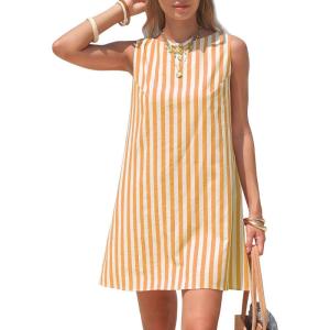 image:imageEXLURA Women Summer 100 Cotton Faux Linen Dresses Sleeveless Striped ALine Mini Sundress Beach Vacation Dress with PocketsYellow Stripe