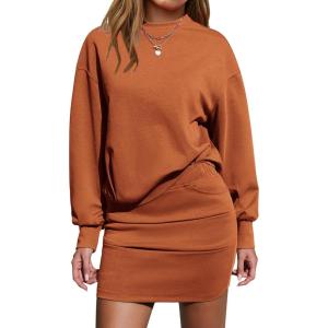 image:imageEXLURA Womens 2 Piece Skirt Sets Long Sleeve Mock Neck Sweatshirt Skort Matching Set Casual Airport Travel Spring OutfitsCaramel
