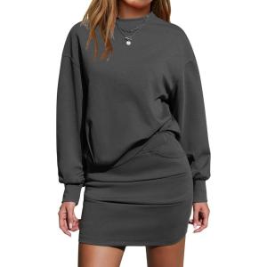 image:imageEXLURA Womens 2 Piece Skirt Sets Long Sleeve Mock Neck Sweatshirt Skort Matching Set Casual Airport Travel Spring OutfitsDark Grey