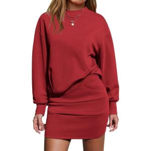 image:imageEXLURA Womens 2 Piece Skirt Sets Long Sleeve Mock Neck Sweatshirt Skort Matching Set Casual Airport Travel Spring OutfitsWine Red