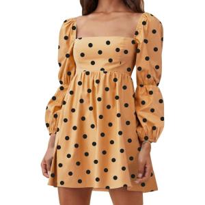 image:imageEXLURA Womens 2026 Square Neck Dress Long Puff Sleeve ALine Casual Short Mini DressesPolka Dotyellow