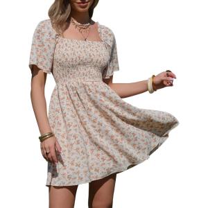 image:imageEXLURA Womens 2026 Summer Casual Square Neck Dresses Ruffle Short Sleeve Swiss Dot Flowy Mini DressOrange Floral