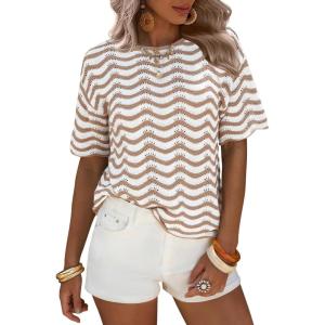 image:imageEXLURA Womens Crochet Tops Short Sleeve Knit Beach Sweater Hollow Out Swimsuit Cover Ups Striped Boho Cruise Vacation ShirtsApricot White
