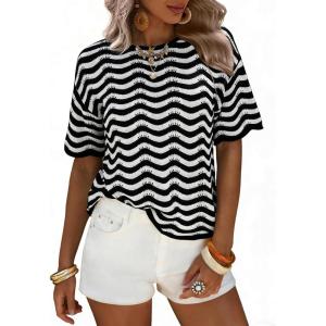 image:imageEXLURA Womens Crochet Tops Short Sleeve Knit Beach Sweater Hollow Out Swimsuit Cover Ups Striped Boho Cruise Vacation ShirtsBlack White