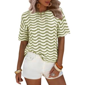 image:imageEXLURA Womens Crochet Tops Short Sleeve Knit Beach Sweater Hollow Out Swimsuit Cover Ups Striped Boho Cruise Vacation ShirtsGreen White
