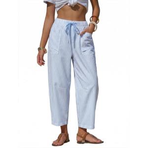 image:imageEXLURA Womens Faux Linen Striped Barrel Pants Comfy Drawstring Capri Pant with Pockets Summer Beach Vacation Lounge TrousersSky Blue