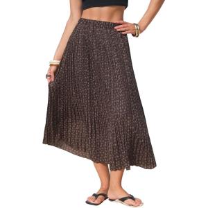 image:imageEXLURA Womens High Waist Polka Dot Pleated Maxi Long Skirt Floral Midi Swing Skirt Boho Beach Vacation Outfits with PocketsFlower Brown