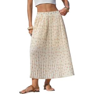 image:imageEXLURA Womens High Waist Polka Dot Pleated Maxi Long Skirt Floral Midi Swing Skirt Boho Beach Vacation Outfits with PocketsFlower White
