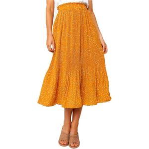 image:imageEXLURA Womens High Waist Polka Dot Pleated Maxi Long Skirt Floral Midi Swing Skirt Boho Beach Vacation Outfits with PocketsMustard Yellow