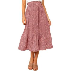 image:imageEXLURA Womens High Waist Polka Dot Pleated Maxi Long Skirt Floral Midi Swing Skirt Boho Beach Vacation Outfits with PocketsPink