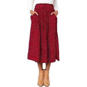 image:imageEXLURA Womens High Waist Polka Dot Pleated Maxi Long Skirt Floral Midi Swing Skirt Boho Beach Vacation Outfits with PocketsRed