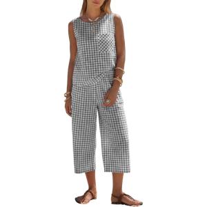 image:imageEXLURA Womens Summer 100 Cotton 2 Piece Outfits Striped Sleeveless Top Capri Wide Leg Pants Sets Faux Linen Beach VacationBlack White Plaid
