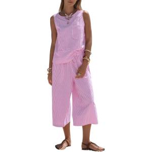 image:imageEXLURA Womens Summer 100 Cotton 2 Piece Outfits Striped Sleeveless Top Capri Wide Leg Pants Sets Faux Linen Beach VacationPink
