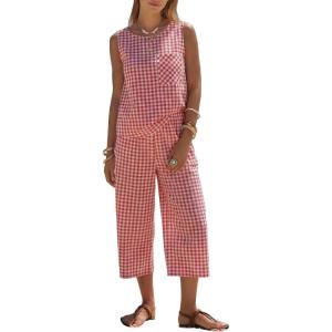 image:imageEXLURA Womens Summer 100 Cotton 2 Piece Outfits Striped Sleeveless Top Capri Wide Leg Pants Sets Faux Linen Beach VacationRed White Plaid
