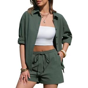 image:imageEXLURA Womens Summer 2 Piece Sets Long Sleeve Button Down Shirts Matching Short Sets Beach Vacation Cruise Outfits 2026Solid Green
