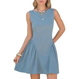 image:imageEXLURA Womens Summer Casual Cotton Gingham Dresses Back Elastic Waist Sleeveless Faux Linen Elegant Mini Short Beach DressBlue