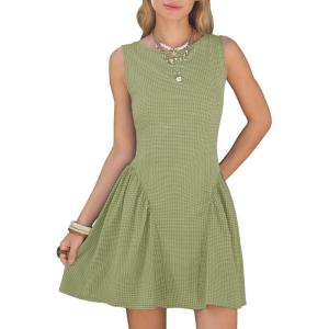 image:imageEXLURA Womens Summer Casual Cotton Gingham Dresses Back Elastic Waist Sleeveless Faux Linen Elegant Mini Short Beach DressGreen