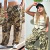 image:imageEXLURA Womens 100 Cotton Camo Pants High Waisted Straight Leg Baggy Denim Trousers Y2K Trendy Casual Forest Camo Cargo JeansGreen Camo