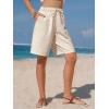 image:imageEXLURA Womens Striped Bermuda Shorts Casual Cotton Linen Shorts Elastic Drawstring Summer Beach Vacation Shorts PocketsBeige Stripe